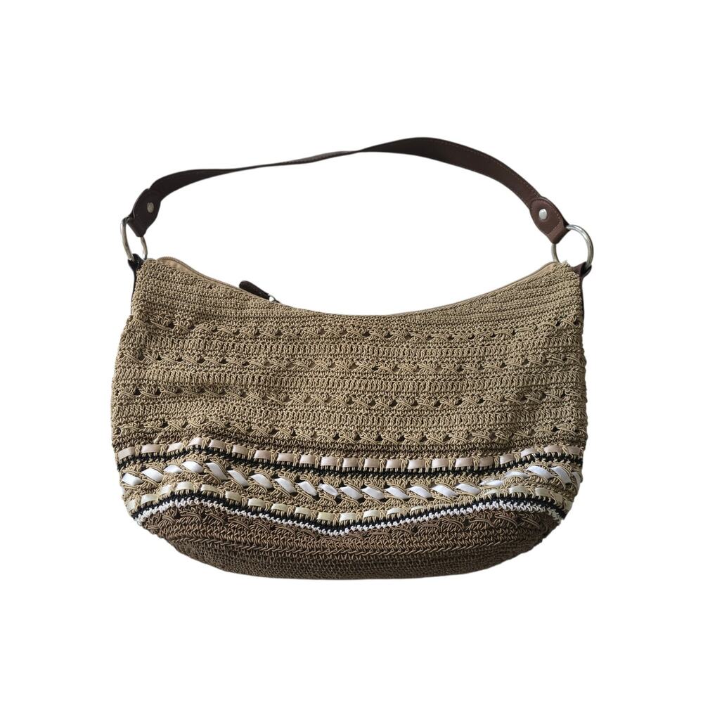 Lined Crochet Zip Top Handbag 16" X 9" Woven Ribbon Design